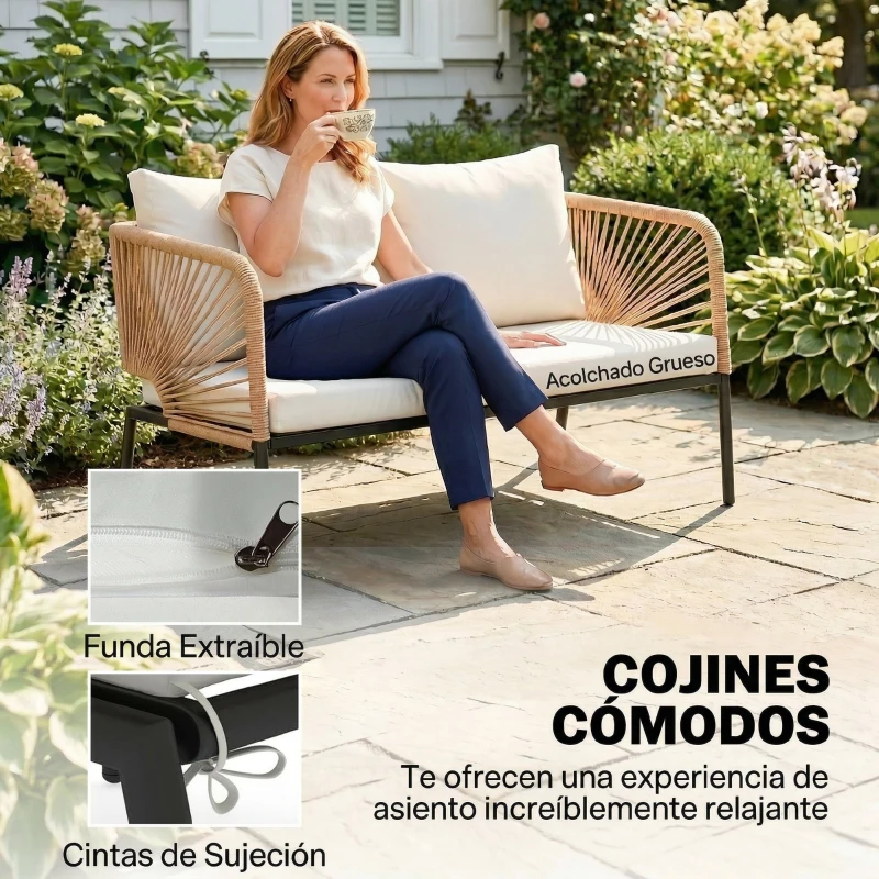 Outsunny Conjunto Jardín Exterior de 4 Piezas con Sofá 2 Sillones y Mesa WPC Ratán PE Tipo Cuerda Cojines Acolchados Blanco