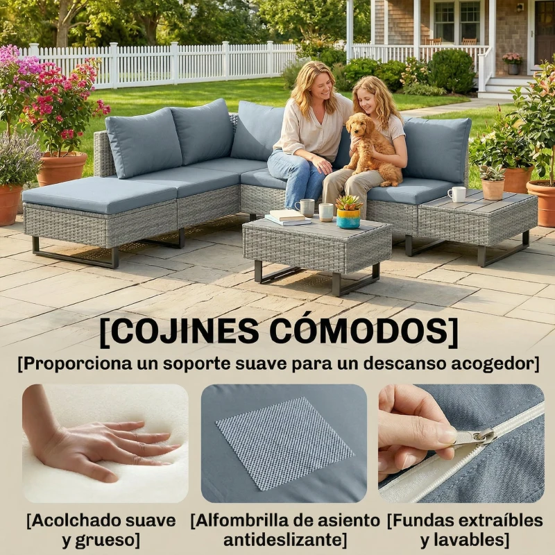 Outsunny Conjunto de Jardín de Ratán de 3 Piezas Respaldo Ajustable Incluye Cojines Sofá de 3 Plazas Sofá de 2 Plazas Mesa Gris