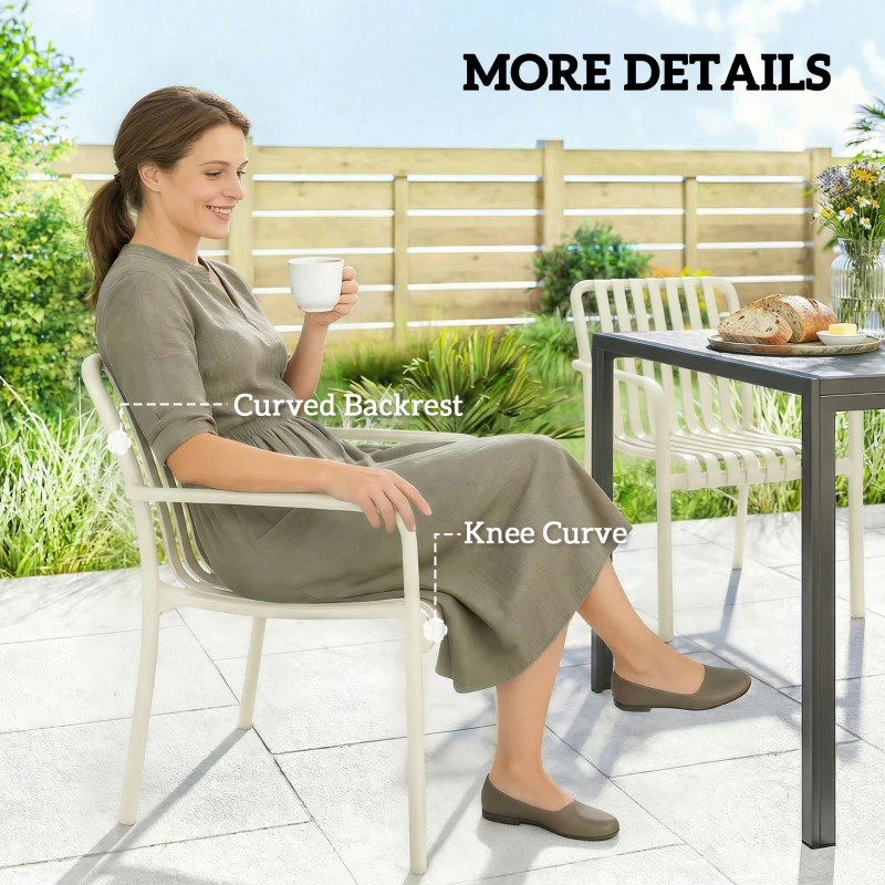 Outsunny Juego de 4 sillas de jardín apilables para terraza con diseño de lamas y reposabrazos, ergonómicas, Blanco crema