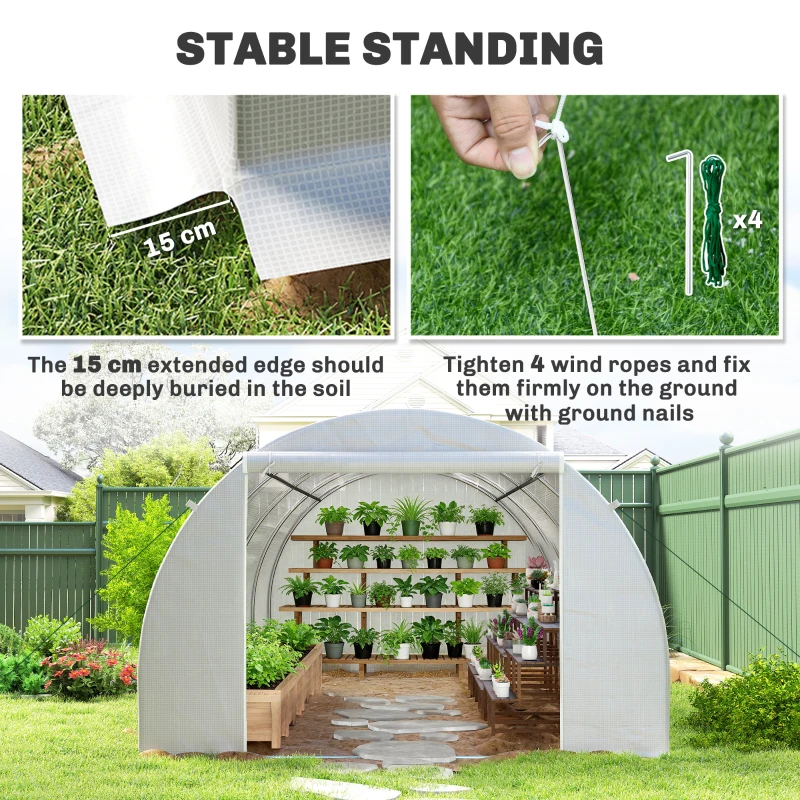 Outsunny 6 x 3 x 2 m Polytunnel Greenhouse, Walk-in Polytunnel Tent with Metal Frame, Zippered Door, and 8 Windows for Garden and Backyard, White