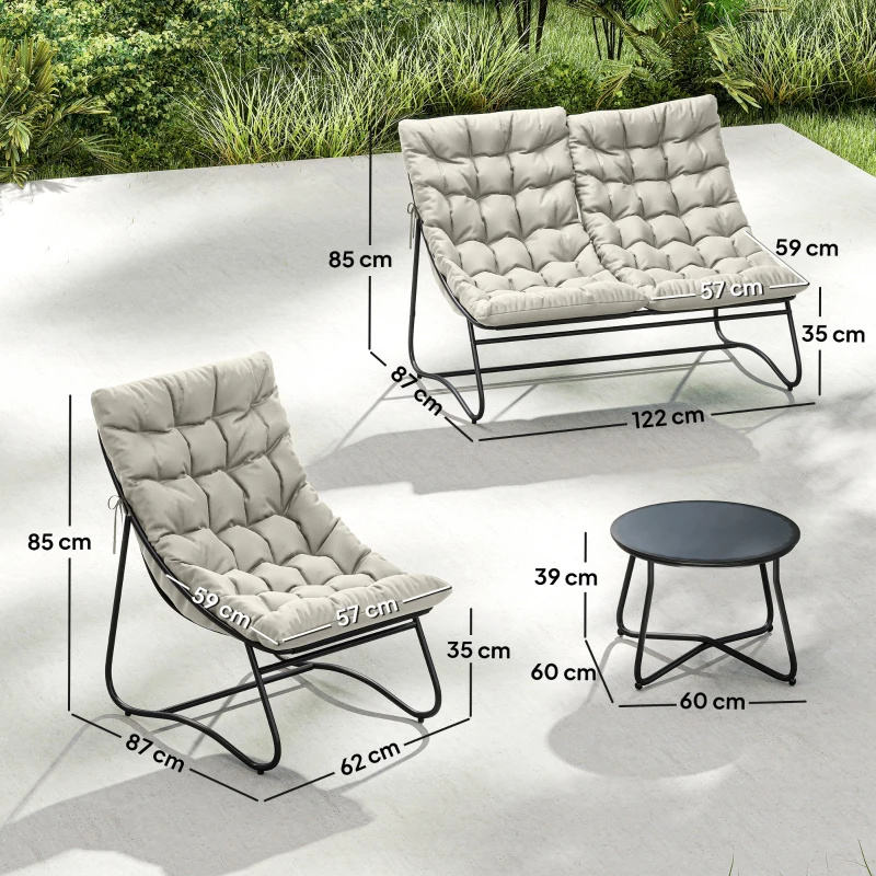 Outsunny 4 Seater Garden Furniture Set, Conversation Set with Loveseat Sofa, Chairs, Glass Coffee Table, Thick Cushions, Steel Outdoor Sofa for Balcony, Poolside, Conservatory, Light Grey