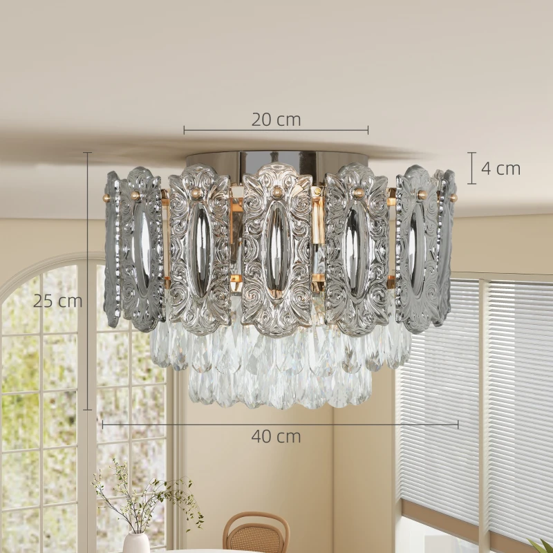 HOMCOM Chandelier Ceiling Light, 3-Light Flush Mount Fixture with Dual Crystal and Smoke Glass Shade, 40 cm LED Ceiling Light for Living Room Bedroom, 3 E14 Sockets, Bulbs Not Included, Gold Tone