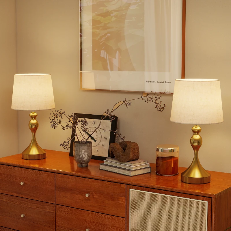 HOMCOM Dimmable Bedside Lamps Set of 2, Modern Table Lamps with 3 Colour Temperatures, USB A+C Charging Ports and Linen Shade for Living Room Bedroom Office, Gold Tone