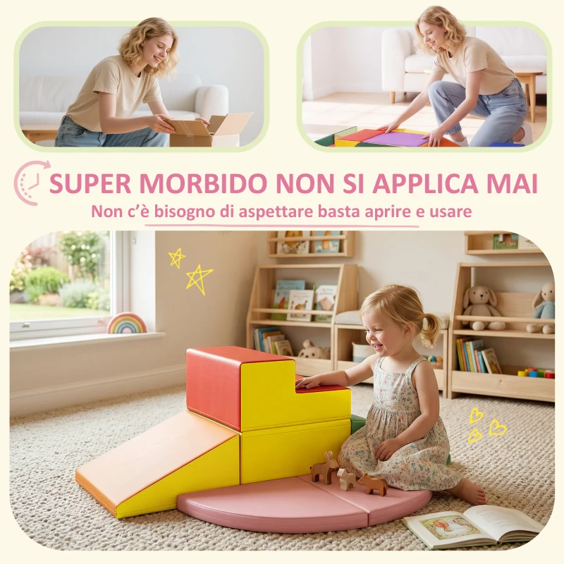 HOMCOM Set Costruzioni Morbide per Bambini 1-3 Anni da 6 Pezzi in PU ed EPE Multicolore