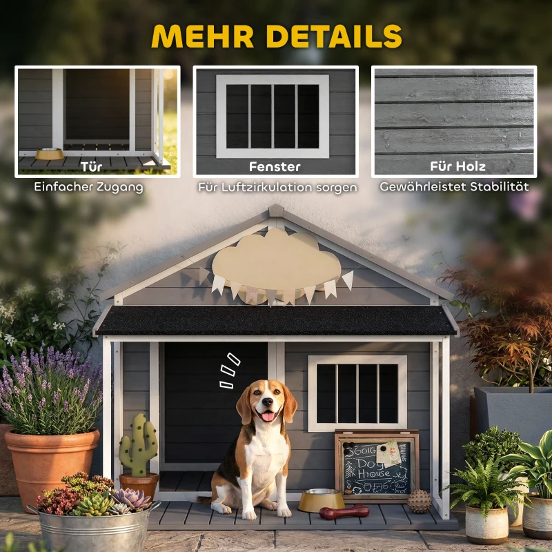 PawHut Hundehütte Outdoor-Hundehütte, inkl. Veranda, wetterbeständig, 124 cm x 112 cm x 105 cm, Grau + Weiß