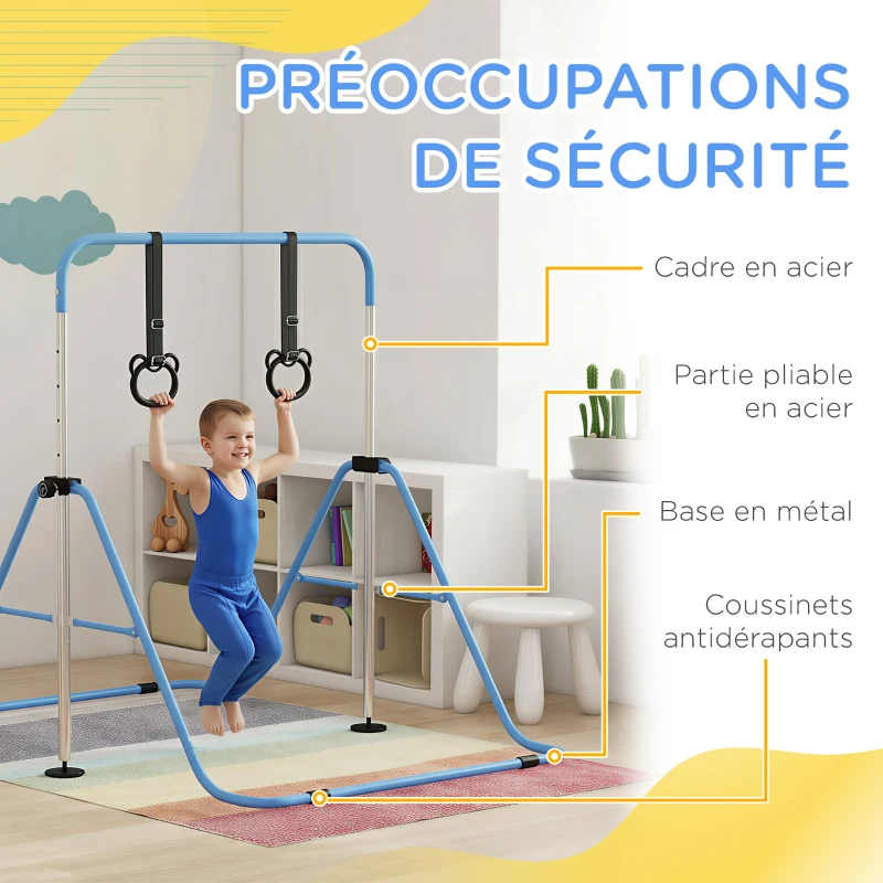 HOMCOM Barre de gymnastique pour enfants, barre horizontale pliable à hauteur réglable avec anneaux de gymnastique, bleu