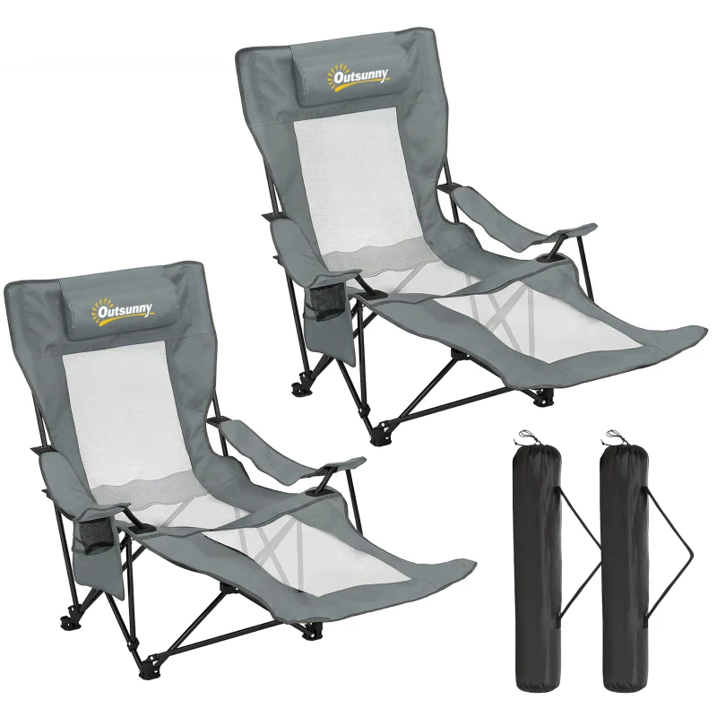Outsunny Conjunto de 2 Cadeiras de Campismo Dobráveis Reclináveis 4 Posições Descansa Pés Removível Suporte para Copo 165x80x90 cm Cinza