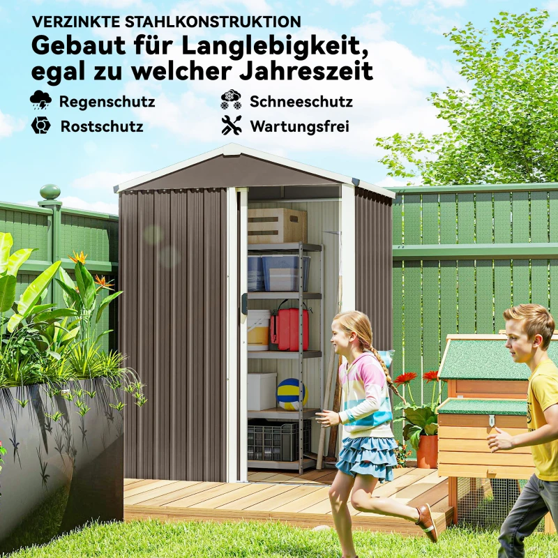 Outsunny Metall Gerätehaus 1,1 m², Geräteschuppen mit Sattedach Abschließbarer Schiebetür Handschuhen, 136 x 87 x 179 cm