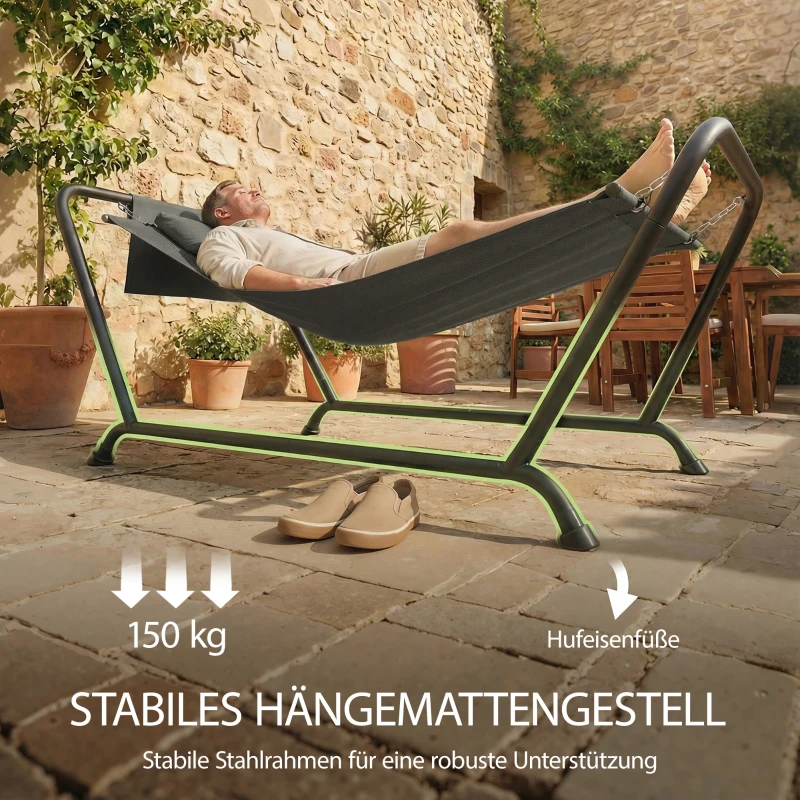 Outsunny Hängematte mit Gestell 237 x 90 cm Stabhängematte mit Seitentasche, Kopfstütze Metallrahmen bis 150 kg