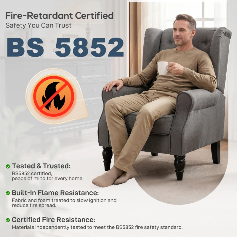 HOMCOM Wingback Accent Chair, Snow Flannel Armchair with Thick Spring Cushion, High Back, Solid Wood Legs, Retro Button Tufted Reading Chair for Living Room, Bedroom, Dark Grey