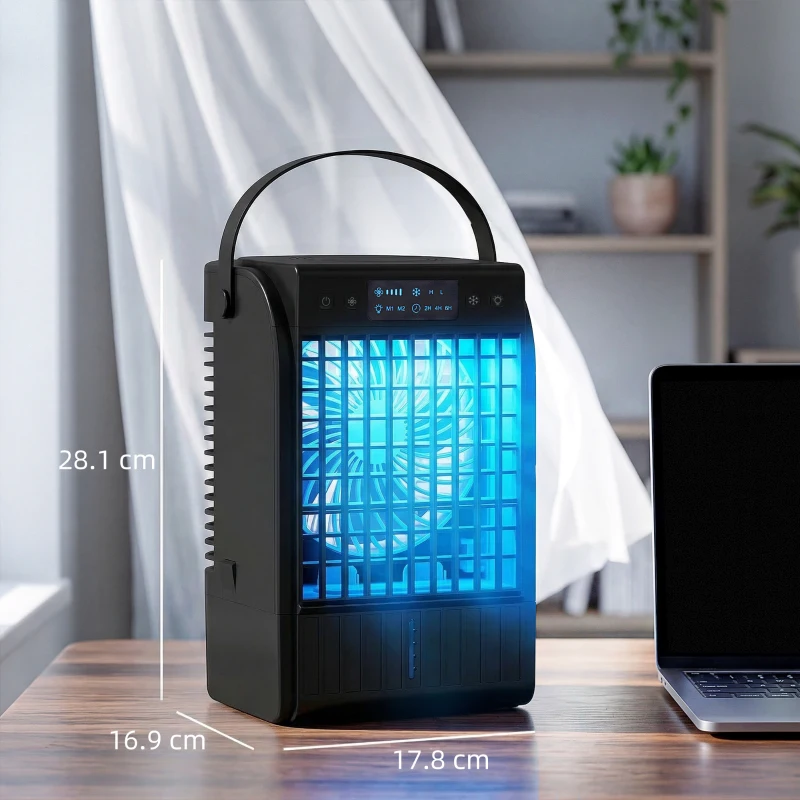 HOMCOM Portable Air Conditioner, 4-in-1 Mini Air Cooler with 4 Wind Speed, 2 Cool Mist, RGB 7 LED Light, Black