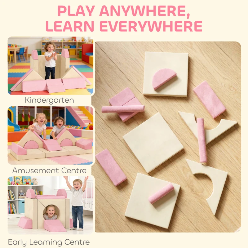 AIYAPLAY Kids Play Sofa, 12 Pieces Foam Modular Soft Play Set for Playroom, Children Convertible Sofa for Boys and Girls, Pink