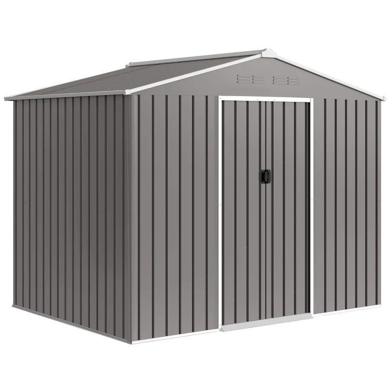 Outsunny 8 x 6ft Galvanised Steel Shed, with Double Door - Light Grey