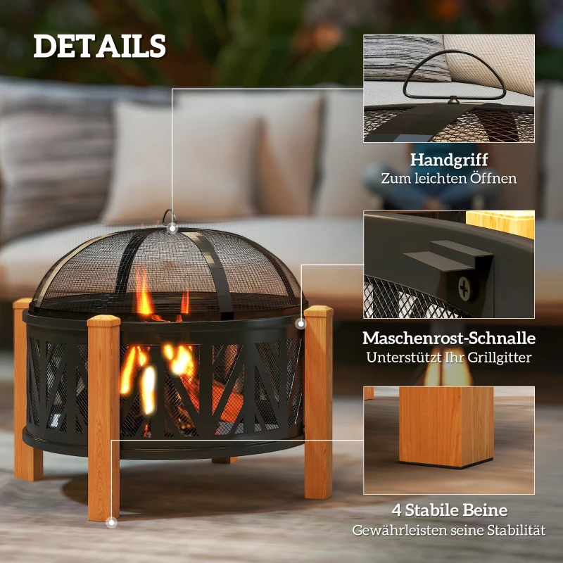 Outsunny 2-in-1 Feuerschale Ø75 x 58 cm Feuerstelle mit Funkenschutz Schürhaken Grillrost Schwarz