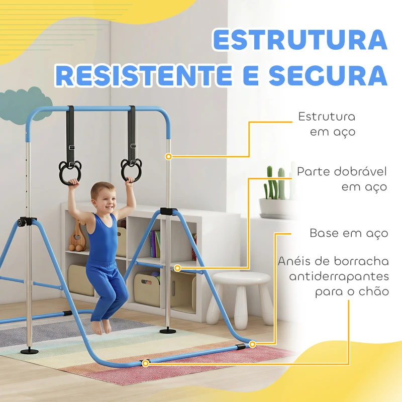 HOMCOM Barra de Ginástica para Crianças com Altura Ajustável em 5 Níveis Anéis e Dobrável 148x105x88-128 cm Azul