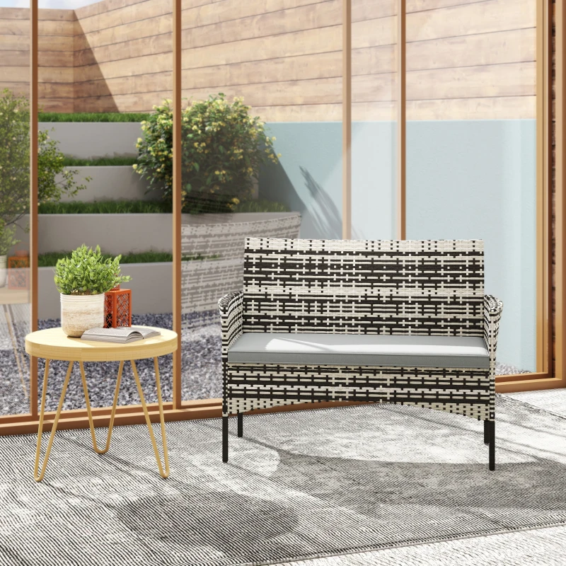 Outsunny 2-Sitzer Rattan Gartensofa PE-Rattan Outdoor-Terrassen-Sofa mit Polster, Anti-Rutsch-Matten, Stahlrahmen, Hellgrau