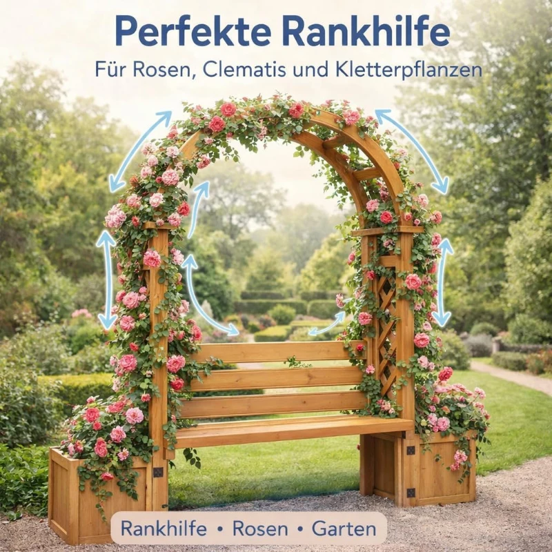 Pergola-Bank mit Pflanzkästen und geschwungenem Rankgitter, dreifach-Funktion: Sitzbank, Pflanzkübel und Rankhilfe, 160 x 30,5 x 160 cm, Naturfarbe
