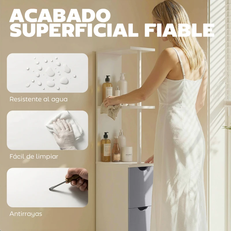 HOMCOM Columna de Baño Moderno Mueble Auxiliar de Baño con 2 Estantes 2 Cajones y 1 Puerta Antivuelco 15x33x136,8 cm Blanco