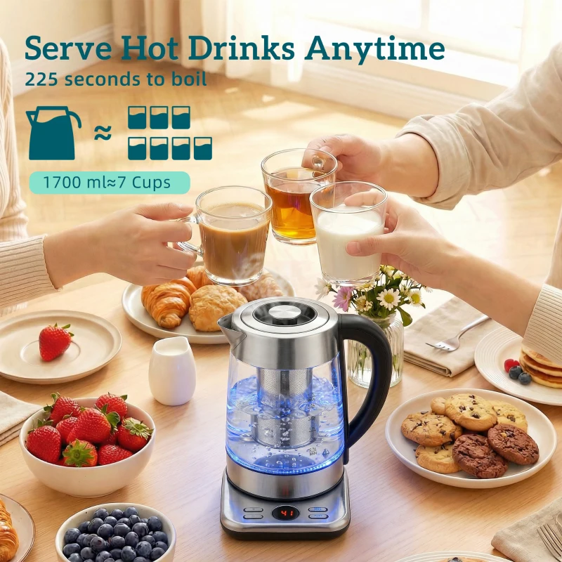 HOMCOM Elektrische Waterkoker, 1,7L Snelkoker met 2200W Vermogen, UK Strix Thermostaat, Theefilter, Warmhoudfunctie