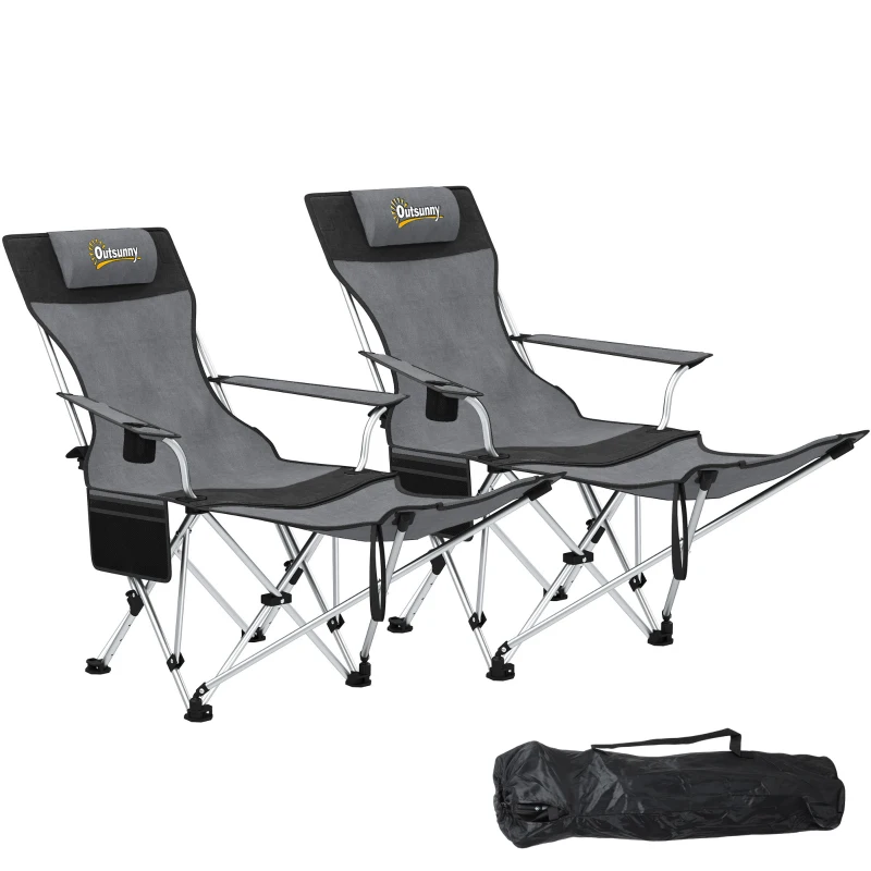 Outsunny Set of 2 Reclining Folding Camping Chair w/ Detachable Footrest, Storage Bag, Cup Holder & Headrest, Lightweight Portable Camp Chair for Beach, Picnic, Grey and Black
