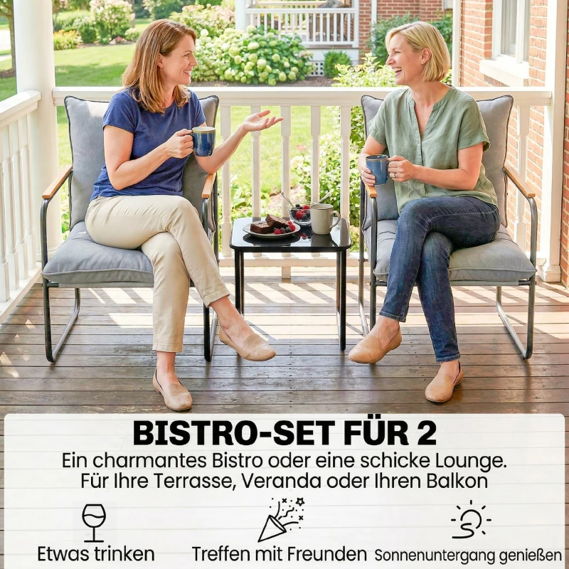Outsunny 3-teiliges Garten Bistro Set Bistrotisch mit 2 Stühlen Glastisch Netz-Sitz dicken Kissen Holzoptik, Atmungsaktiv