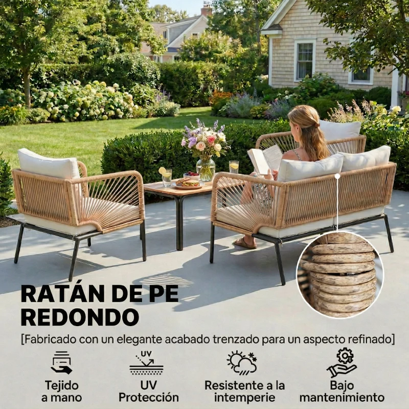 Outsunny Conjunto Jardín Exterior de 4 Piezas con Sofá 2 Sillones y Mesa WPC Ratán PE Tipo Cuerda Cojines Acolchados Blanco