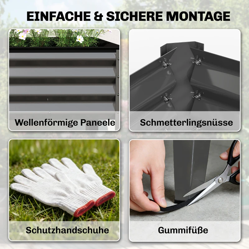 Outsunny Hochbeet aus Metall extra großer Pflanzkasten mit Verstärkungsstreben Vliesstoff, 180 x 55 x 80 cm Dunkelgrau