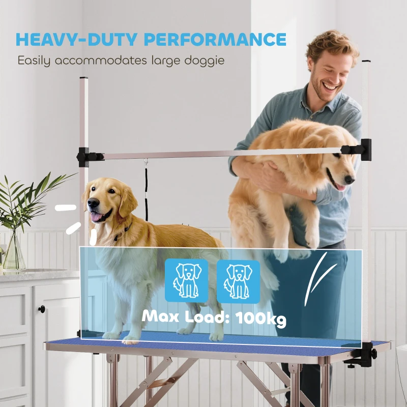 PawHut 42" Dog Grooming Table, Adjustable Pet Cat Drying Beauty Table with 2 Loops Storage Basket, Rubber Top, Blue