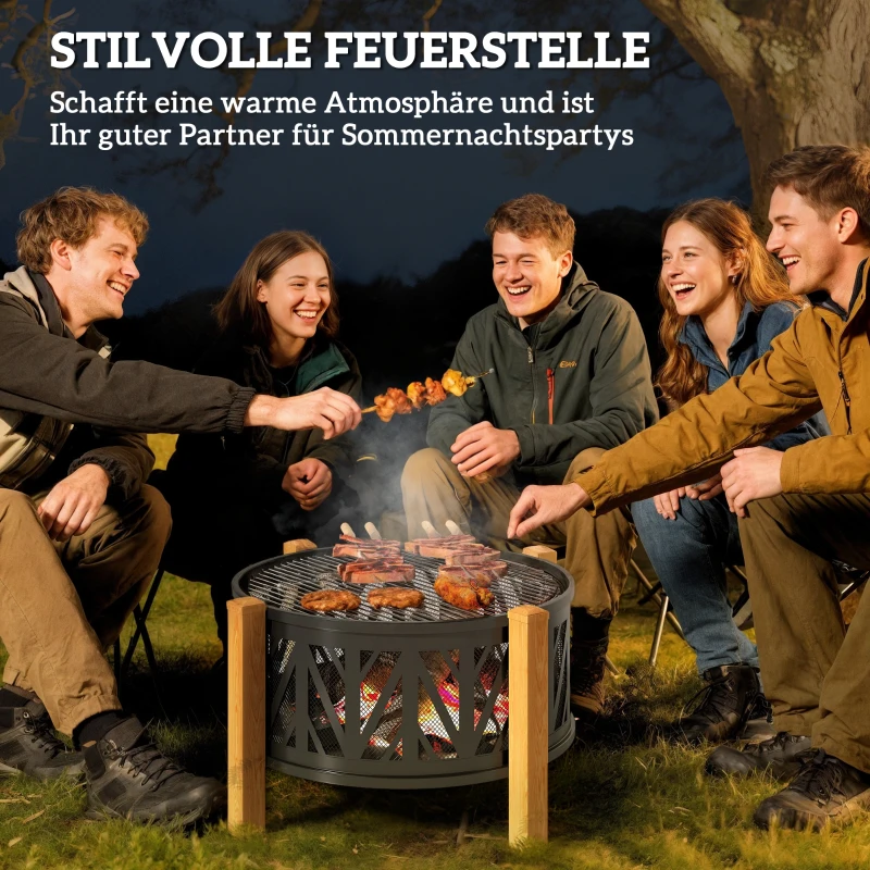 Outsunny 2-in-1 Feuerschale Ø75 x 58 cm Feuerstelle mit Funkenschutz Schürhaken Grillrost Schwarz
