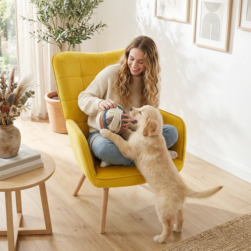 HOMCOM Modern Accent Chair, Upholstered High Back Armchair with Tufted Wingback, Seat Padding, Velvet Leisure Lounge Bedroom Chair with Wood Legs, Yellow