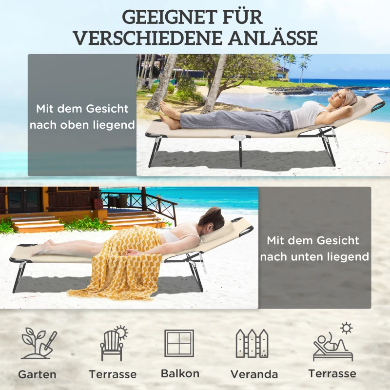 Outsunny Sonnenliege mit Gesichtsloch & Kissen, klappbar, wasserabweisender Bezug, Metallrahmen, Beige