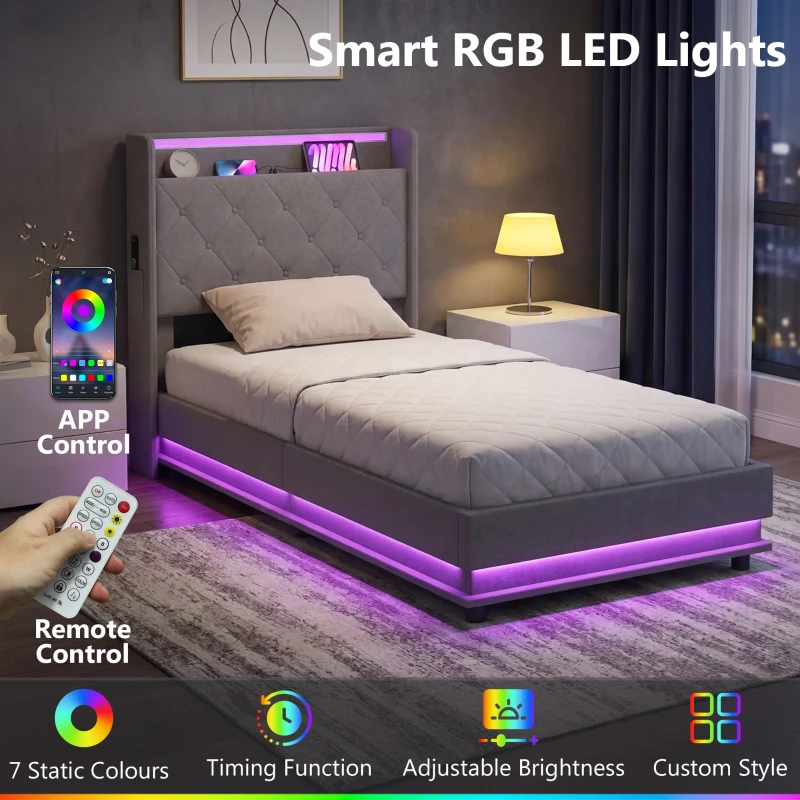 HOMCOM 3ft Single Bed Frame with Headboard, Platform Bed Frame with Hydraulic Storage, LED Lights and Charging Station, Grey