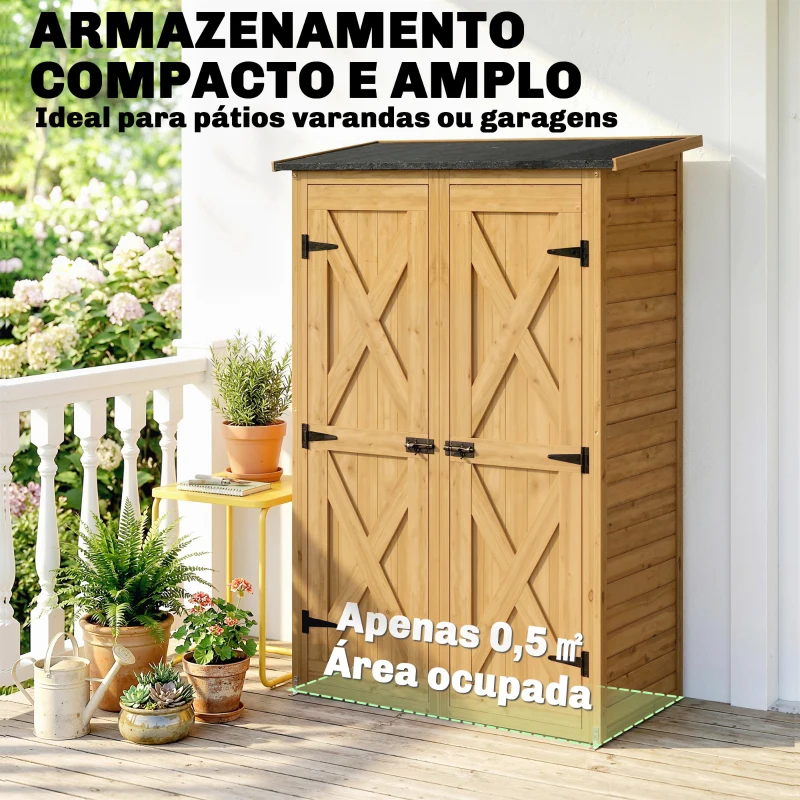 Outsunny Abrigo de Jardim de Madeira 115x53x156 cm Armário Exterior para Ferramentas com Portas Duplas Castanho