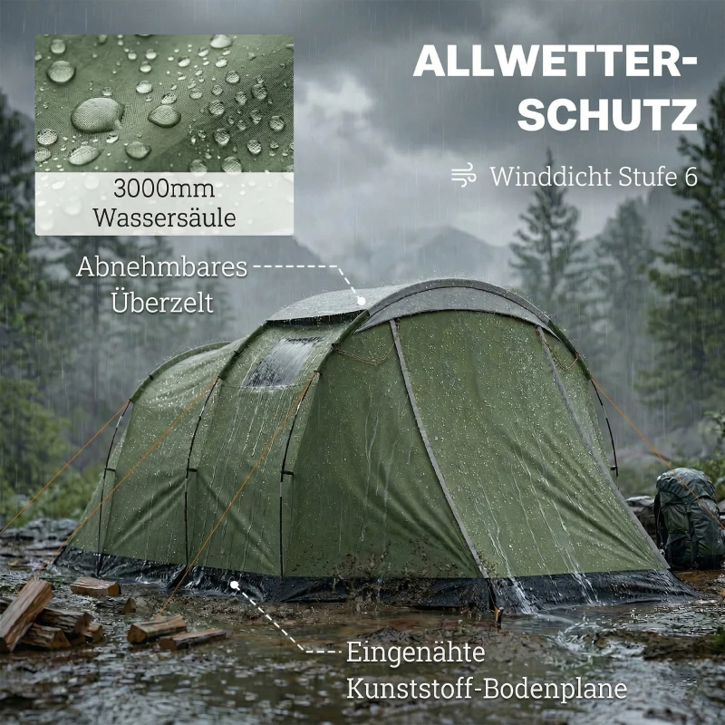 Outsunny Namiot kempingowy 3-4 os., stabilny, 3000 mm wodoodporny, namiot rodzinny z sypialnią i przedsionkiem, zielony