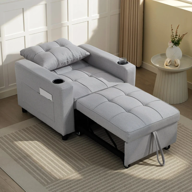 HOMCOM 3-in-1 Single Sofa Bed, Convertible Sleeper Chair Bed - Light Grey