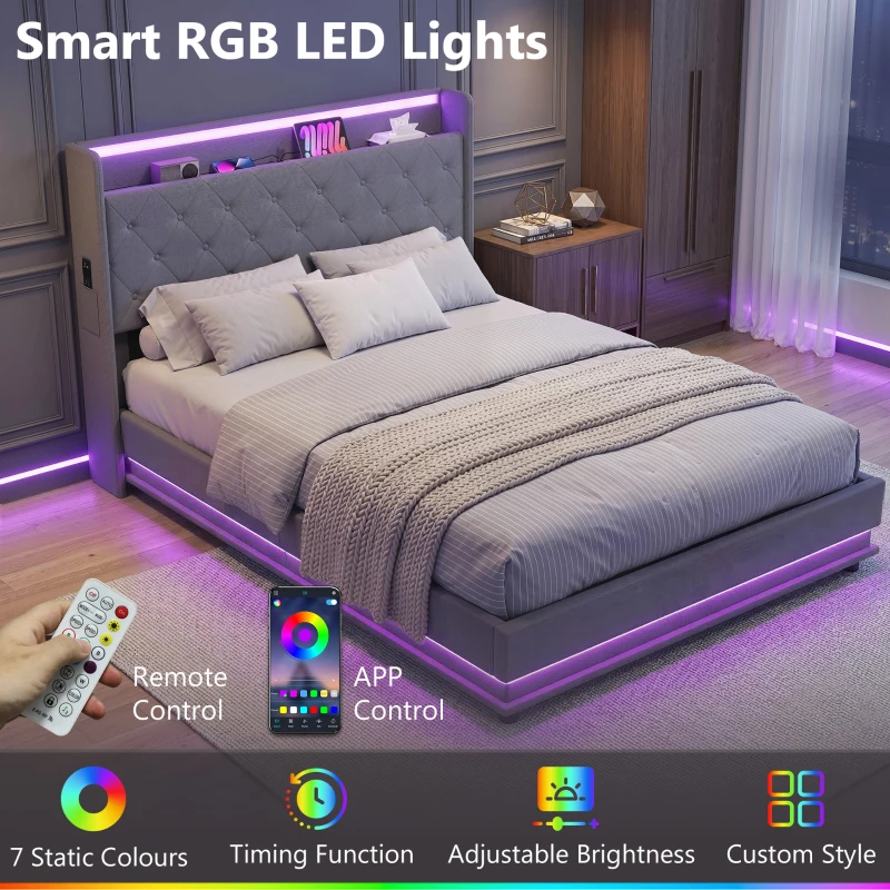 HOMCOM 4ft6 Double Bed Frame with Headboard, Platform Bed Frame with Hydraulic Storage, LED Lights and Charging Station, Grey