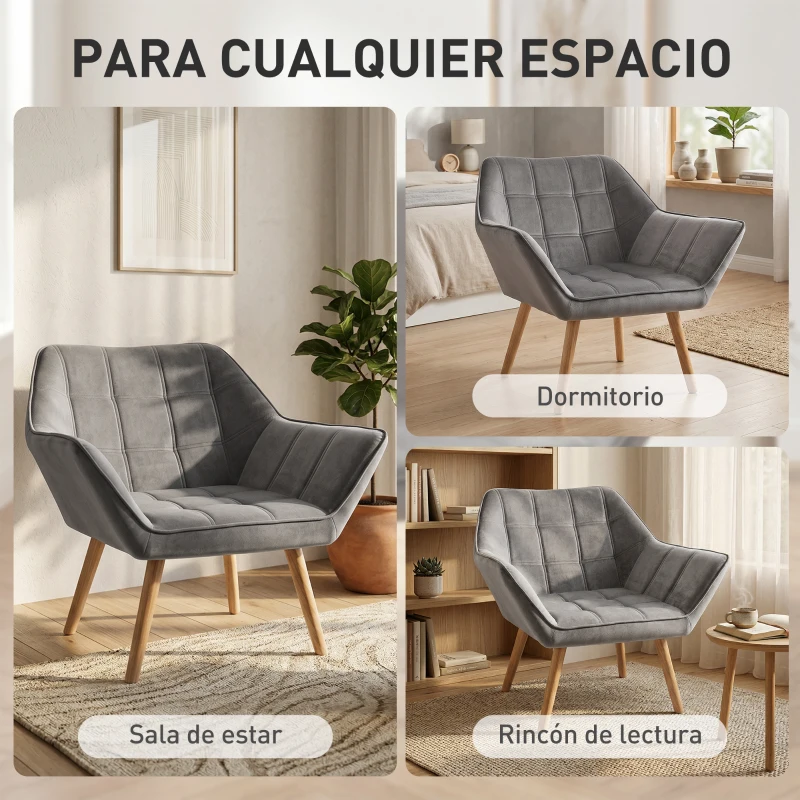 HOMCOM Butaca de Salón Moderna Tapizado en Terciopelo con Patas de Madera Sillón Relax para Sala de Estar Gris