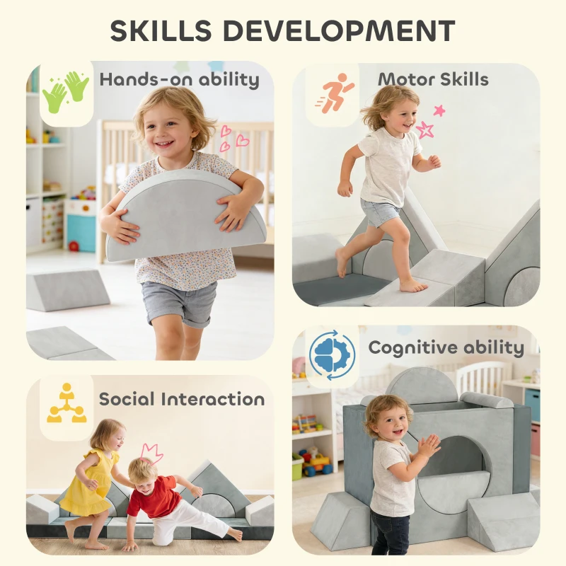 AIYAPLAY Kids Play Sofa, 12 Pieces Foam Modular Soft Play Set for Playroom, Children Convertible Sofa for Boys and Girls, Grey