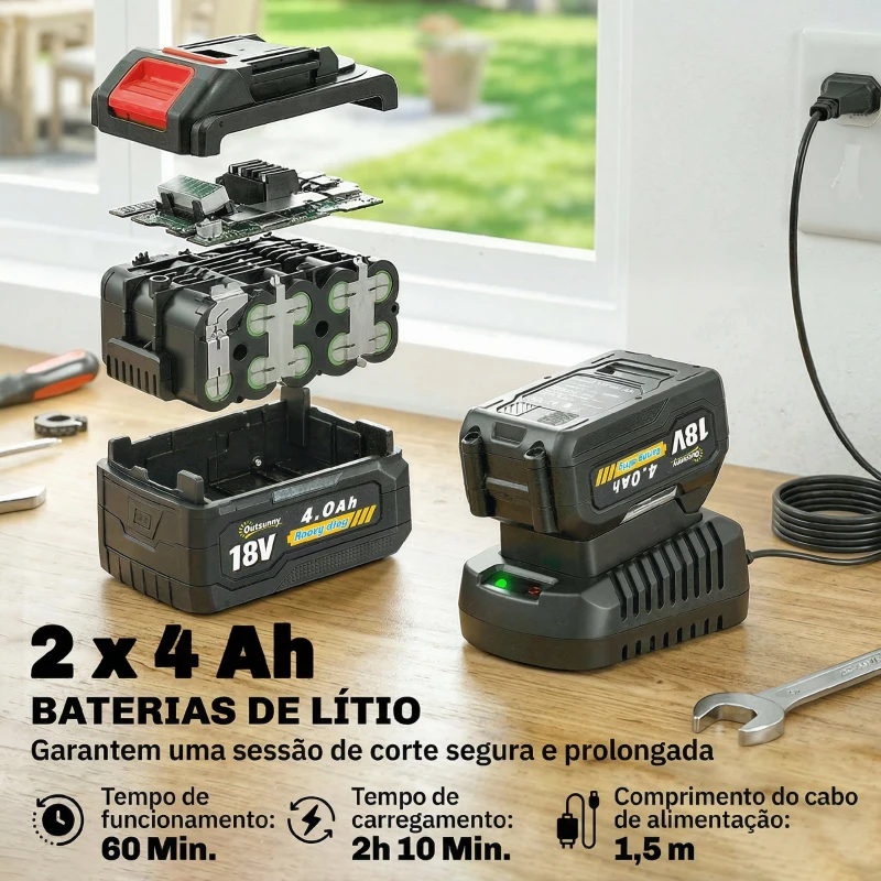 Outsunny Aparador sem Fios 18 V com 2 Baterias de 4.0 Ah e Carregador Barra Ajustável Cabeça e Pega Reguláveis 124x32x19 cm Prata
