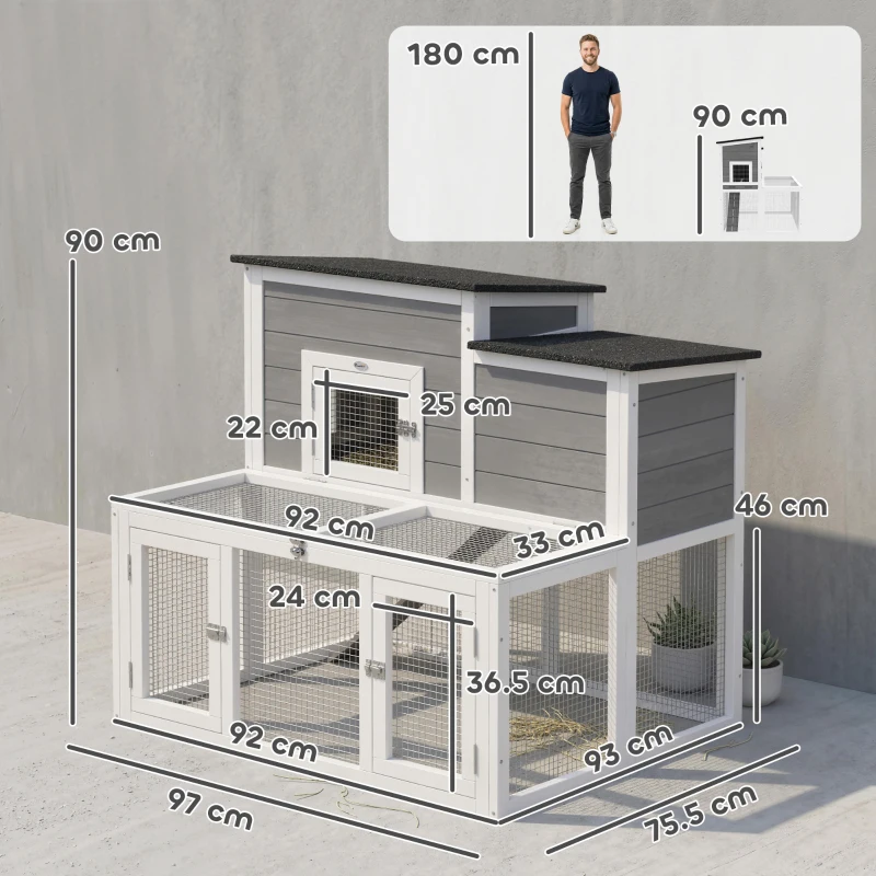 PawHut Wooden Rabbit Hutch, Indoor Outdoor Bunny Cage with Waterproof & Openable Roof, Pull Out Tray and Ramp, Guinea Pig Hutch