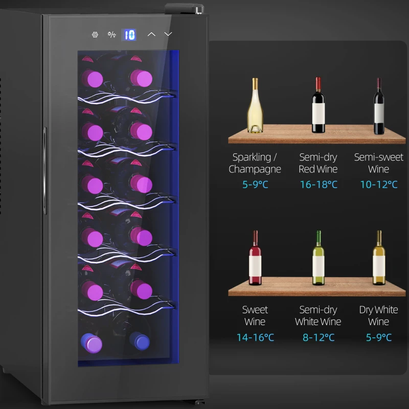 HOMCOM Vinoteca 12 Botellas con Doble Refrigeración Termoeléctrica Temperatura Ajustable 8-18℃ Puerta de Vidrio Negro