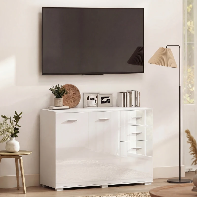 HOMCOM Sideboard, Modern Storage Cabinet with 2 Drawers, 3 Doors and Adjustable Shelves, High Gloss White