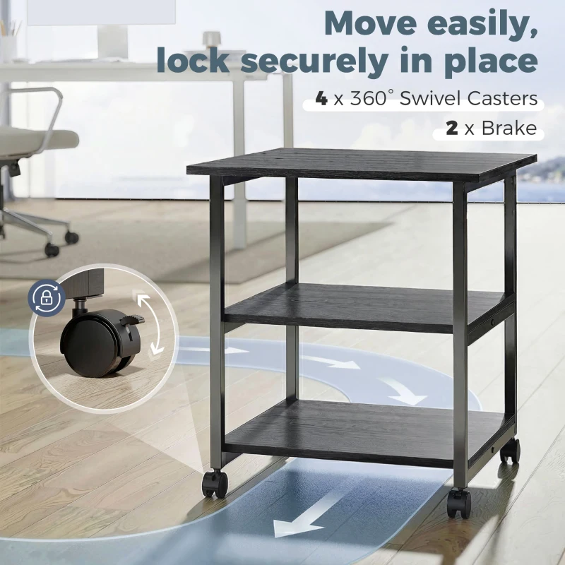HOMCOM Three-Tier Steel Printer Stand, with Wheels - Black