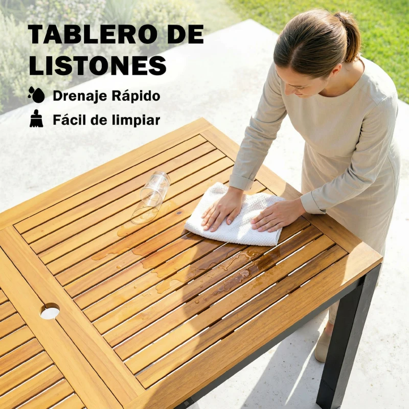 Outsunny Mesa de Comedor de Jardín de Madera para 6 Personas con Superficie de Listones Orificio 150x75x75 cm Natural