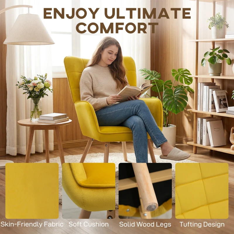 HOMCOM Modern Accent Chair, Upholstered High Back Armchair with Tufted Wingback, Seat Padding, Velvet Leisure Lounge Bedroom Chair with Wood Legs, Yellow