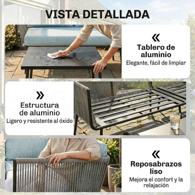 Outsunny Conjunto de Muebles de Ratán de Exterior Sofá de Esquina con Cojines y Mesa de Centro para Terraza Patio Azul Claro