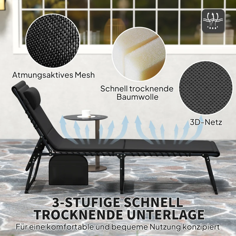 Outsunny 2er Set Sonnenliege klappbar Gartenliege mit Kopfkissen 5-Fach höhenverstellbarer Rückenlehne Seitentasche Schwarz