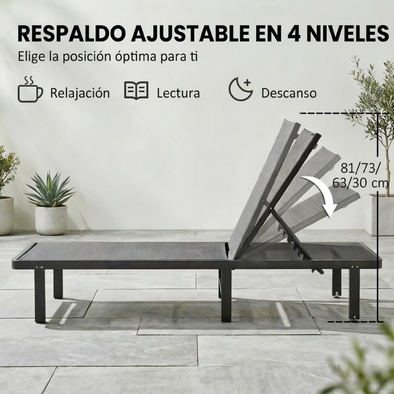 Outsunny Conjunto de 2 Tumbonas Reclinables con Ruedas Respaldo Ajustable 4 Niveles Estructura de Aluminio Tela Textilene Gris