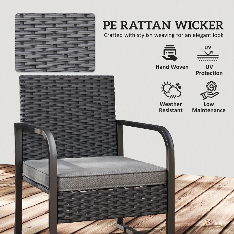 Outsunny Rattan Bistro Set, 3 Piece Garden Furniture Set with Cushions and Glass Top Table, Black