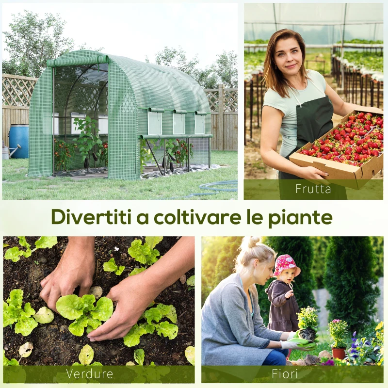 Outsunny Serra per Orto 3x2x2m in Acciaio e Copertura PE, Porte con Zip e Finestre a Rete, Verde